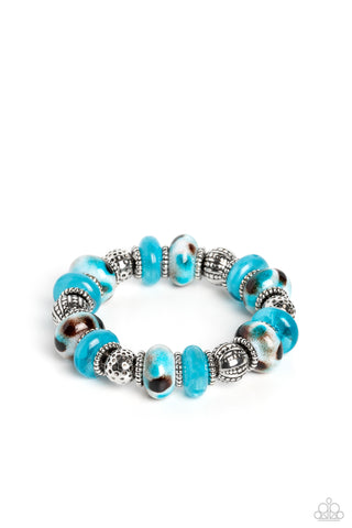 WARPED WHIMSICALITY - BLUE TURQUOISE SPOTTED BEADS STUDDED SILVER NECKLACE - PAPARAZZI