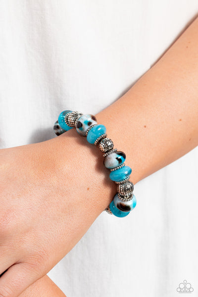 WARPED WHIMSICALITY - BLUE TURQUOISE SPOTTED BEADS STUDDED SILVER NECKLACE - PAPARAZZI