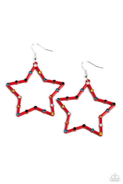 CONFETTI CRAZE - RED FRAMED COLORFUL STAR EARRINGS - PAPARAZZI