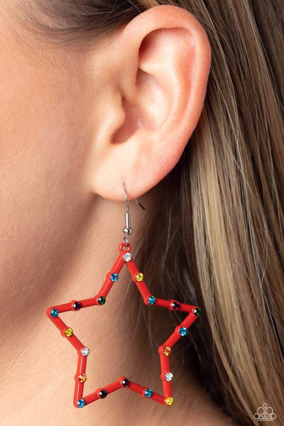 CONFETTI CRAZE - RED FRAMED COLORFUL STAR EARRINGS - PAPARAZZI