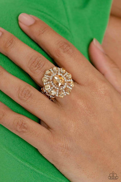 GLIMMER AND SPICE - GOLD RHINESTONE RING - PAPARAZZI LIFE OF THE PARTY MARCH 2023