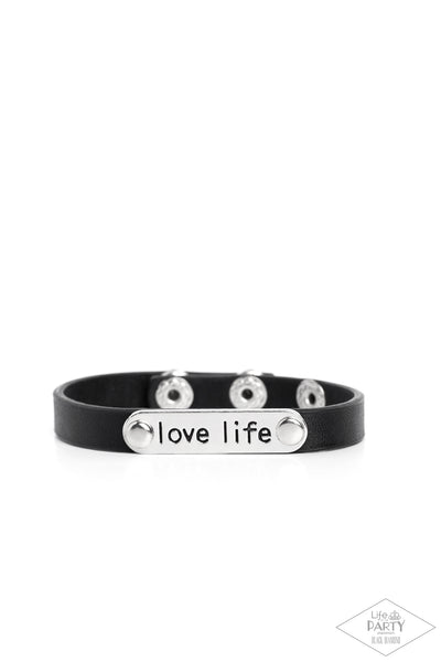 LOVE LIFE - BLACK LEATHER SILVER "LOVE LIVE" STAMPED WRAP BRACELET - PAPARAZZI