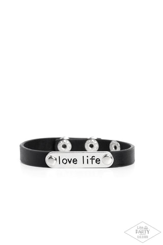 LOVE LIFE - BLACK LEATHER SILVER "LOVE LIVE" STAMPED WRAP BRACELET - PAPARAZZI
