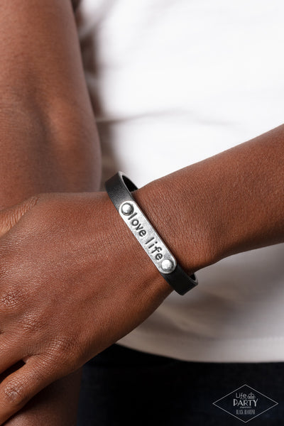 LOVE LIFE - BLACK LEATHER SILVER "LOVE LIVE" STAMPED WRAP BRACELET - PAPARAZZI