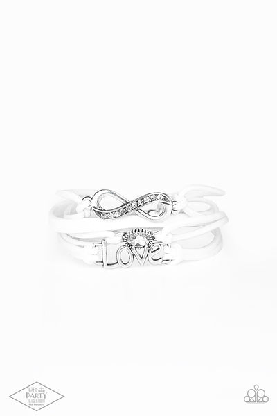 INFINITELY IRRESISTIBLE - WHITE CORD SILVER INFINITY LOVE BRACELET - PAPARAZZI