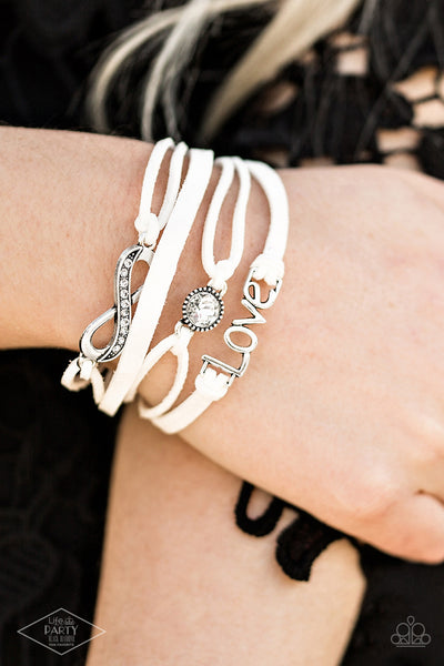INFINITELY IRRESISTIBLE - WHITE CORD SILVER INFINITY LOVE BRACELET - PAPARAZZI