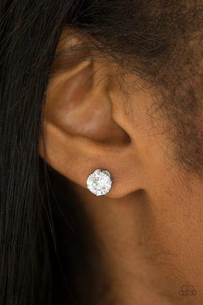 JUST IN TIMELESS - WHITE RHINESTONE STUD BLOCKBUSTER EARRING - PAPARAZZI
