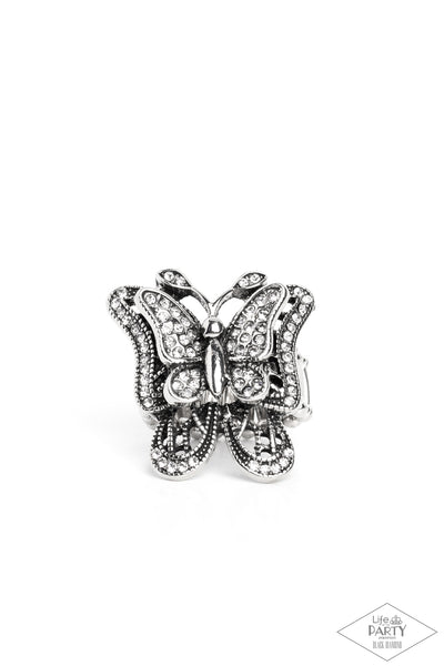 FREE TO FLY - WHITE RHINESTONE SILVER BUTTERFLY RING - BLACK DIAMOND - PAPARAZZI