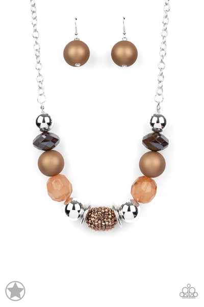 A WARM WELCOME - COPPER BROWN AND SILVER BEAD CHUNKY NECKLACE BLOCKBUSTER - PAPARAZZI