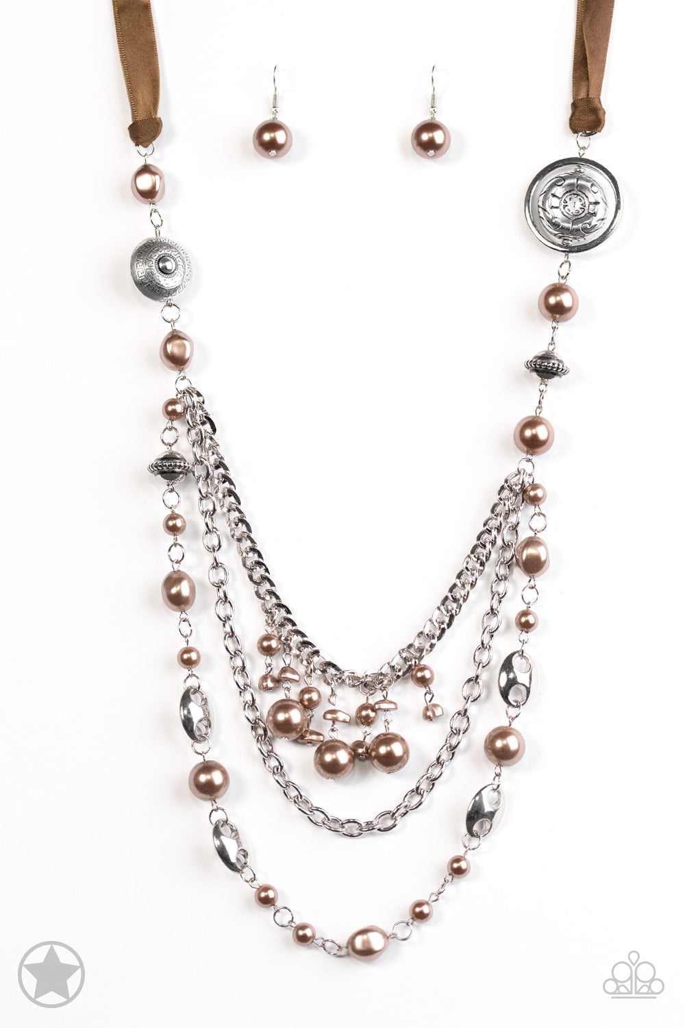 ALL THE TRIMMINGS - PAPARAZZI - BROWN RIBBON AND PEARL SILVER NECKLACE - BLOCKBUSTER