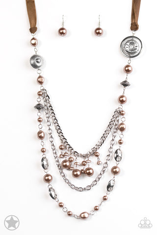 ALL THE TRIMMINGS - PAPARAZZI - BROWN RIBBON AND PEARL SILVER NECKLACE - BLOCKBUSTER