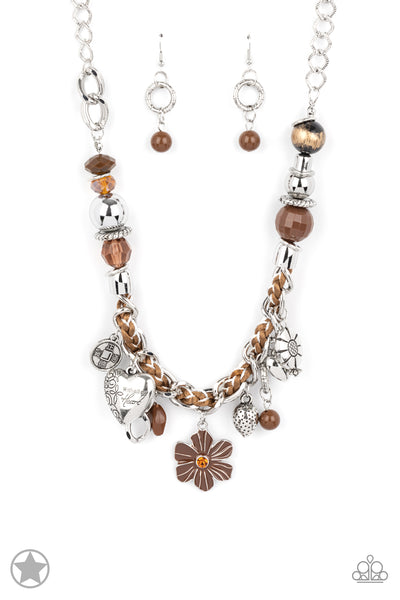 CHARMED, I AM SURE - BROWN HEART FLOWER AFFIRMATION BLOCKBUSTER NECKLACE - PAPARAZZI
