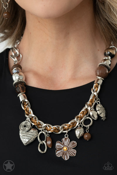 CHARMED, I AM SURE - BROWN HEART FLOWER AFFIRMATION BLOCKBUSTER NECKLACE - PAPARAZZI