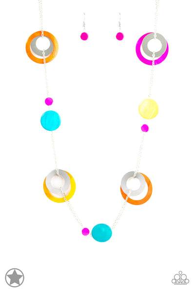 KALEIDOSCOPICALLY CAPTIVATING - PAPARAZZI - MULTI YELLOW ORANGE AND PINK ACRYLIC DISC SILVER NECKLACE