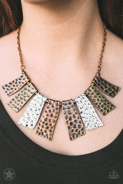 A FAN OF THE TRIBE - COPPER BRASS SILVER MIXED METAL BLOCKBUSTER SHORT NECKLACE - PAPARAZZI