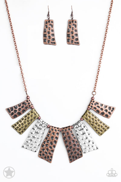 A FAN OF THE TRIBE - COPPER BRASS SILVER MIXED METAL BLOCKBUSTER SHORT NECKLACE - PAPARAZZI