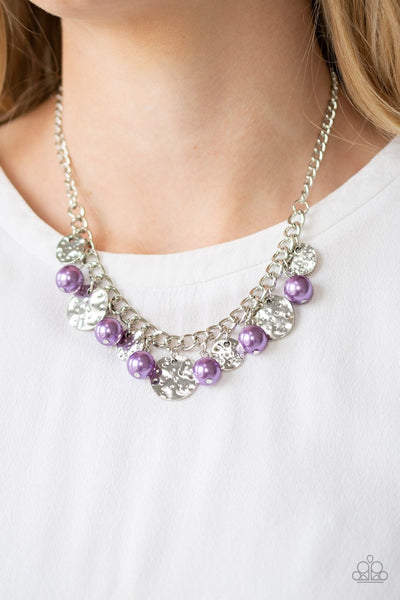 SEASIDE SOPHISTICATION - PAPARAZZI - PURPEL SILVER DISC AND PEARL FRINGE NECKLACE