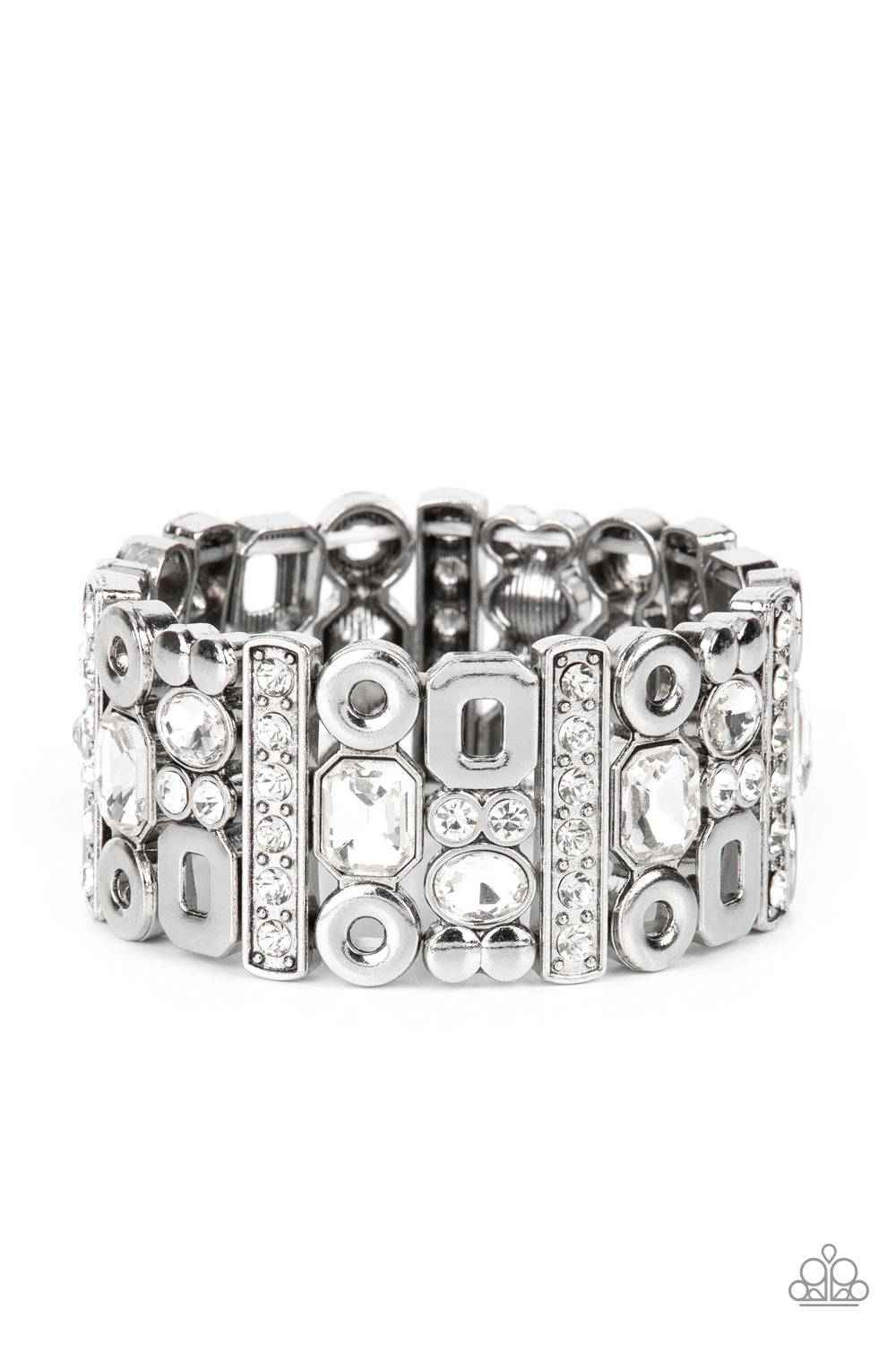 DYNAMICALLY DIVERSE - WHITE RHINESTONE SILVER GEOMETRIC STRETCHY BRACELET - PAPARAZZI