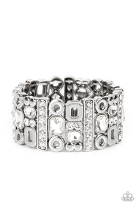 DYNAMICALLY DIVERSE - WHITE RHINESTONE SILVER GEOMETRIC STRETCHY BRACELET - PAPARAZZI