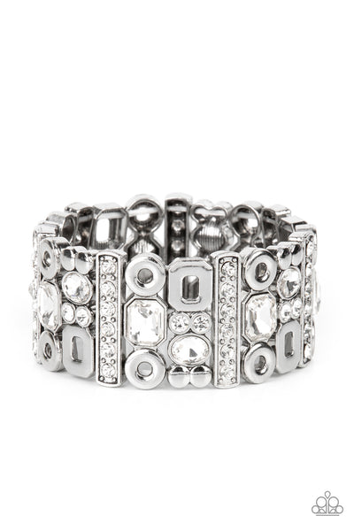 DYNAMICALLY DIVERSE - WHITE RHINESTONE SILVER GEOMETRIC STRETCHY BRACELET - PAPARAZZI