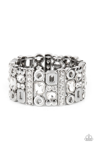 DYNAMICALLY DIVERSE - WHITE RHINESTONE SILVER GEOMETRIC STRETCHY BRACELET - PAPARAZZI
