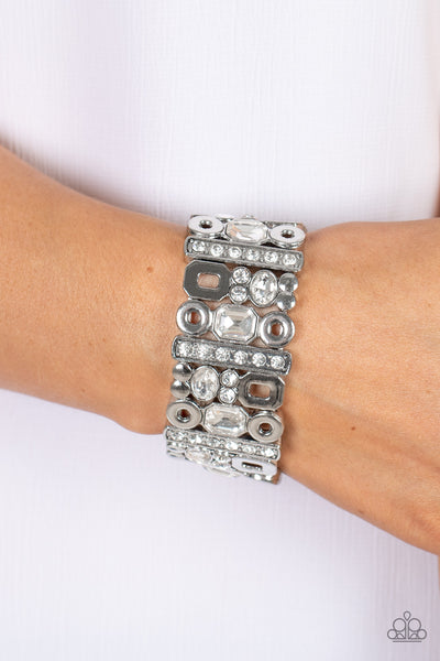 DYNAMICALLY DIVERSE - WHITE RHINESTONE SILVER GEOMETRIC STRETCHY BRACELET - PAPARAZZI