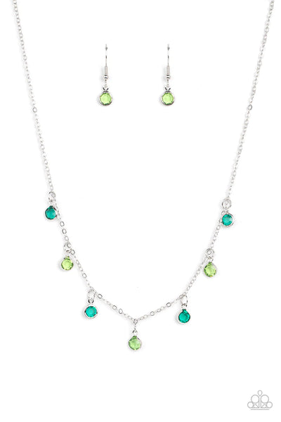CAREFREE CHARMER - GREEN GLASSY DAINTY GEM SILVER NECKLACE - PAPARAZZI