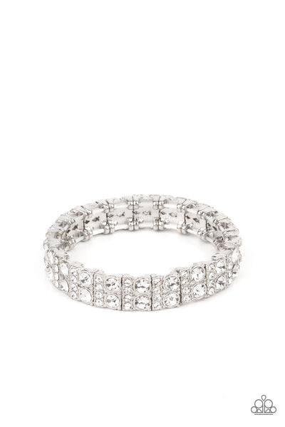 MIC DROPPING DRAMA -SILVER WHITE RHINESTONE STRETCHY BRACELETS - PAPARAZZI