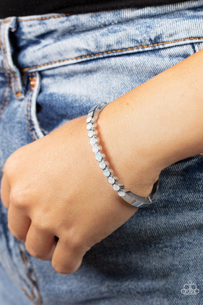 MYSTICAL MASTERPIECE - WHITE RHINESTONE SILVER HINGED BRACELET - PAPARAZZI