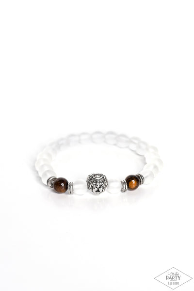 THE LIONS SHARE - BROWN TIGER'S EYE WHITE STRETCHY BRACELET - PAPARAZZI