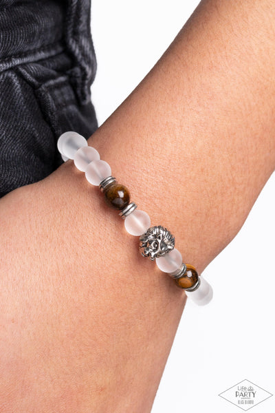 THE LIONS SHARE - BROWN TIGER'S EYE WHITE STRETCHY BRACELET - PAPARAZZI