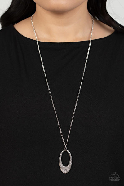DIP INTO DAZZLE - WHITE RHINESTONE SILVER OVAL NECKLACE - PAPARAZZI