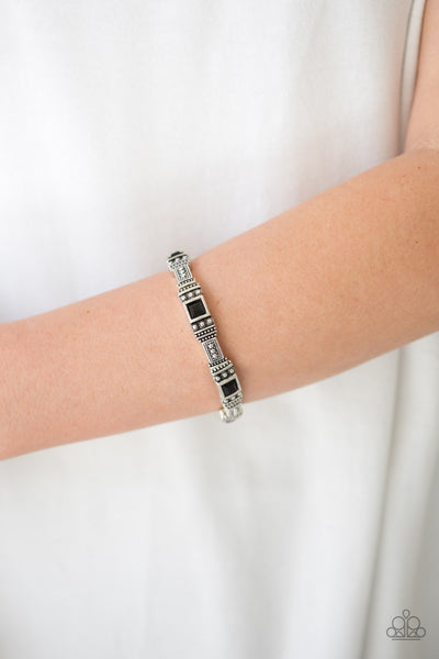TOTALLY TRAVELER - BLACK BEAD SILVER STRETCHY BRACELET - PAPARAZZI