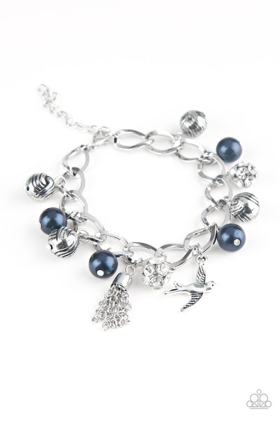 LADY LOVE DOVE - PAPARAZZI - BLUE PEARL SILVER BEAD BIRD CHARM BRACELET