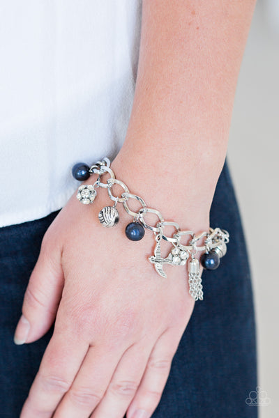 LADY LOVE DOVE - PAPARAZZI - BLUE PEARL SILVER BEAD BIRD CHARM BRACELET