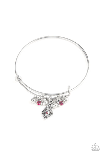 TREASURE CHARMS - PINK RHINESTONE SILVER BANGLE BRACELET - PAPARAZZI