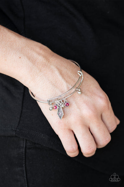 TREASURE CHARMS - PINK RHINESTONE SILVER BANGLE BRACELET - PAPARAZZI