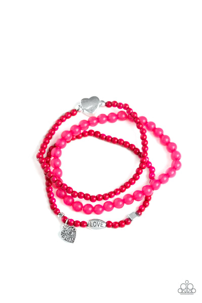 REALLY ROMANTIC - PINK BEAD SILVER HEART STRETCHY BRACELET SET - PAPARAZZI