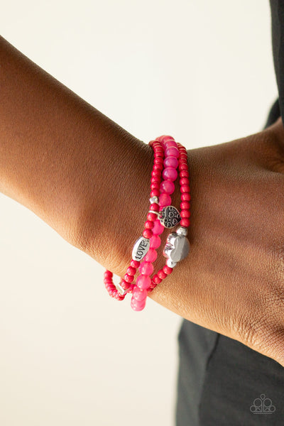 REALLY ROMANTIC - PINK BEAD SILVER HEART STRETCHY BRACELET SET - PAPARAZZI