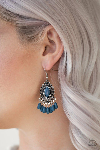 PRIVATE VILLA - BLUE BEAD SILVER FRAME FILIGREE EARRINGS