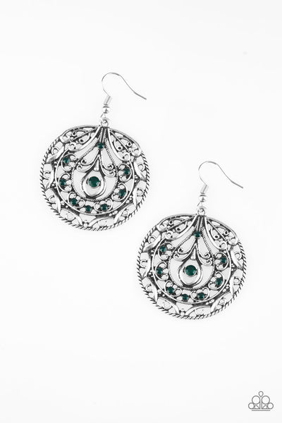 CHOOSE TO SPARKLE - GREEN RHINESTONE FILIGREE EARRING - PAPARAZZI