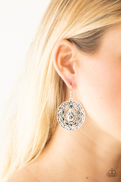 CHOOSE TO SPARKLE - GREEN RHINESTONE FILIGREE EARRING - PAPARAZZI