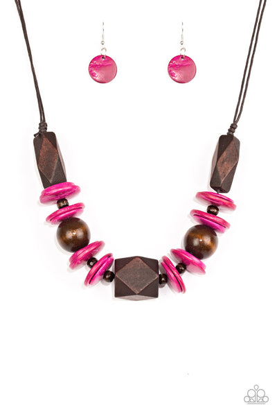 PACIFIC PARADISE - PINK BROWN GEOMETRIC WOOD BEAD NECKLACE - PAPARAZZI