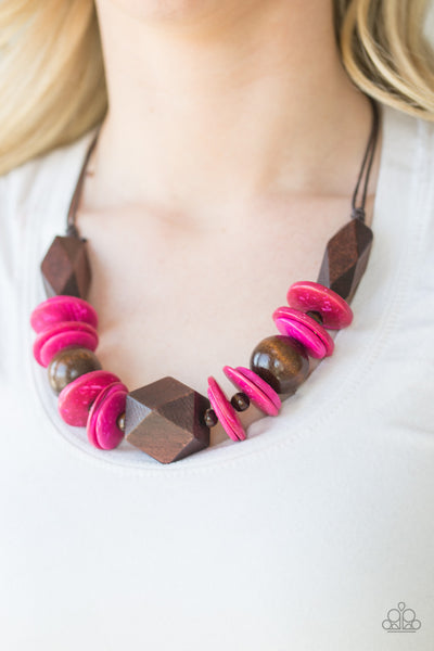 PACIFIC PARADISE - PINK BROWN GEOMETRIC WOOD BEAD NECKLACE - PAPARAZZI