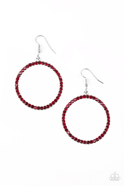STOPPIN TRAFFIC - PAPARAZZI -RED RHINESTONE SILVER WARPED HOOP EARRINGS