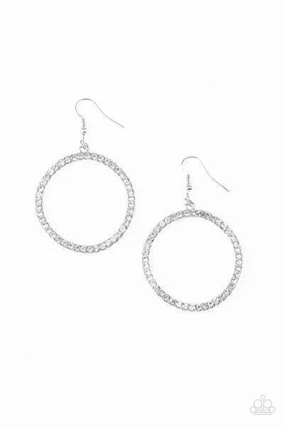 STOPPIN TRAFFIC - PAPARAZZI - WHITE RHINESTONE SILVER WARPED HOOP EARRINGS