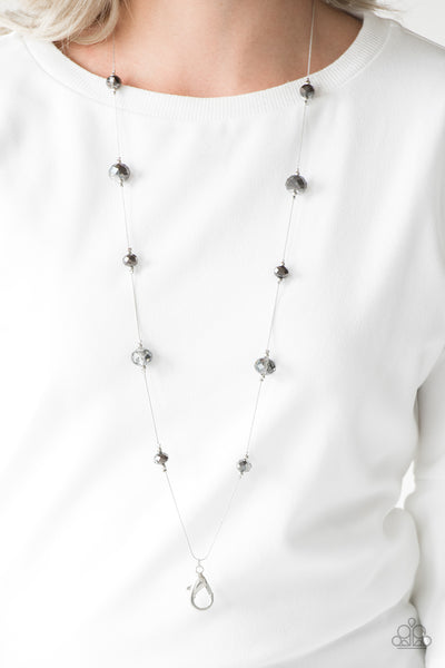 CHAMPAGNE ON THE ROCKS - SILVER IRIDESCENT FACETED BEAD LANYARD NECKLACE - PAPARAZZI