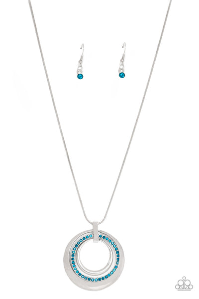 GATHER AROUND GORGEOUS - BLUE RHINESTONE SILVER CIRCLE PENDANT NECKLACE - PAPARAZZI
