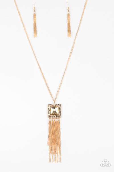 SHIMMER SENSEI - GOLD SQUARE FRINGE NECKLACE -PAPARAZZI