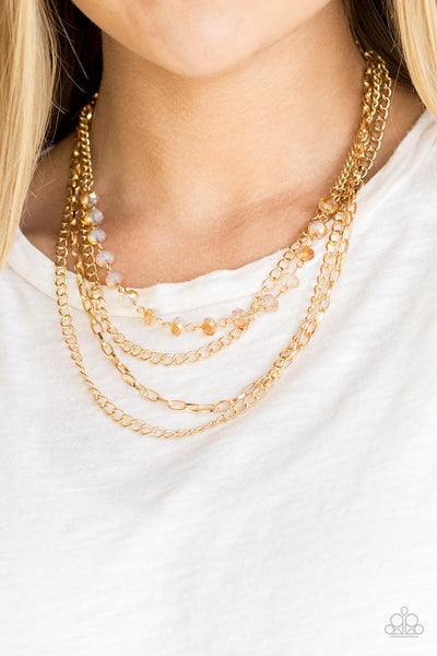 EXTRAVAGANT ELEGANCE - GOLD CHAIN IRIDESCENT BEAD LAYERED NECKLACE - PAPARAZZI